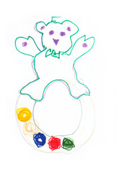A sketch of a baby rattle bear is drawn on a white background using colored markers