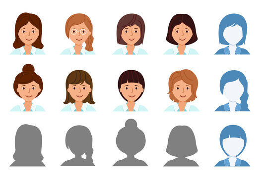 Set Avatar profile isolated. Icons of smiling women. Silhouette of a woman head. Vector illustration.