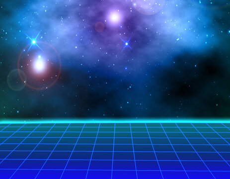 blue landscape 1980s style galaxy grid universe wallpaper background