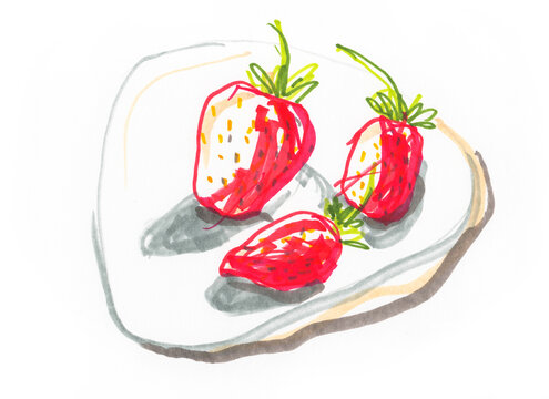  A sketch of strawberries on a plate is drawn on a white background using colored markers
