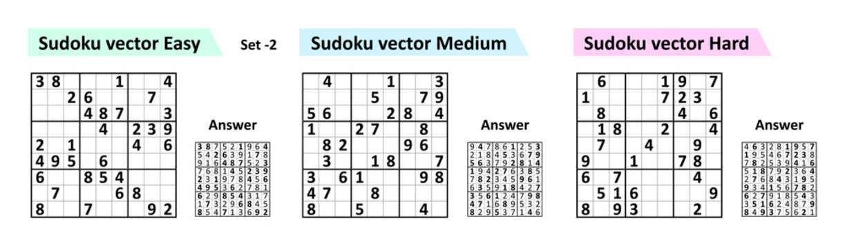 Sudoku game with answers. Simple vector design set Sudoku. Blank template.