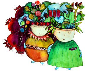Couple with different plants and flowers watercolor illustration