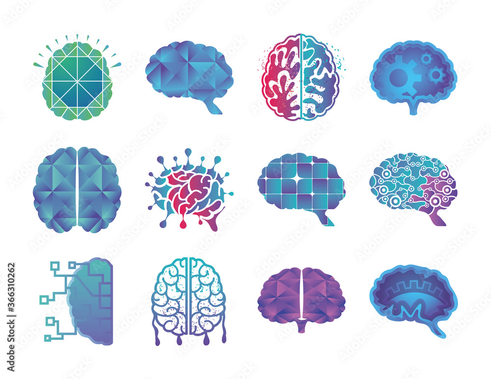 Poster brain thinking and design set of icons