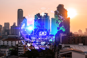 Hologram of Research and Development glowing icons. Sunset panoramic city view of Bangkok. Concept of innovative technologies to create new services and products in Asia. Double exposure.