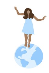 female in blue dress balancing on globe ball