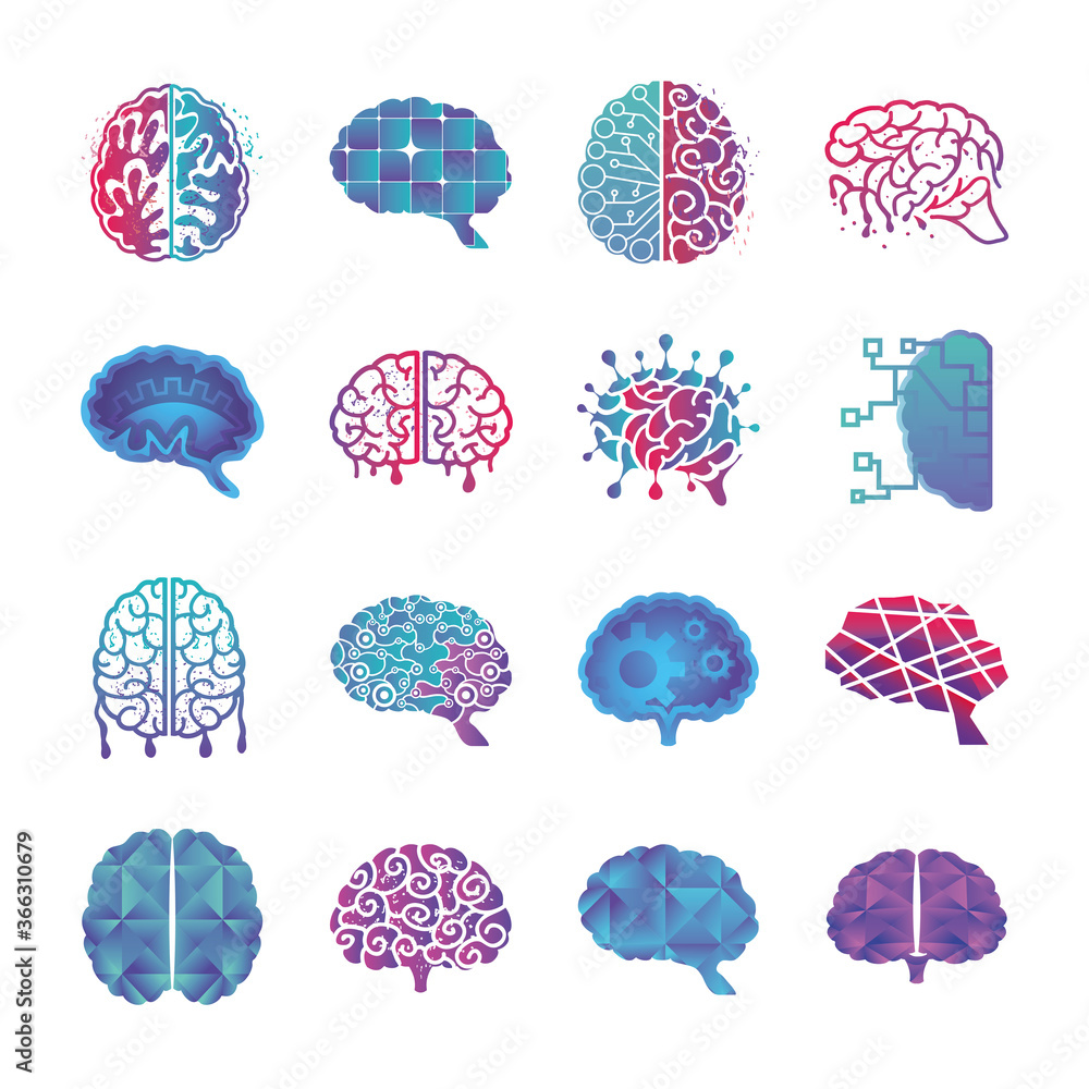 Poster brain thinking and design set of icons