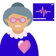 gray hair women in glass with heart on chest, medical electronic device demonstrating a wave line of beat