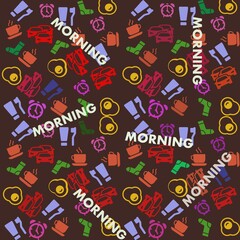 Pattern from coloured graphic items of daily routine on dark brown  background with morning texted word