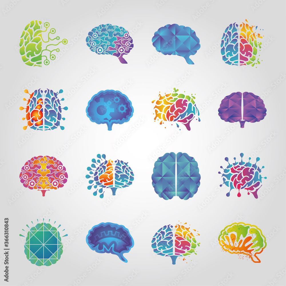 Poster brain thinking and design set of icons