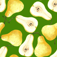 Seamless pattern of yellow whole and half-cut pears on a green background. Hand-made watercolor drawing of fruits for textiles, wallpaper, wrapping paper, backgrounds and decorations for the kitchen.