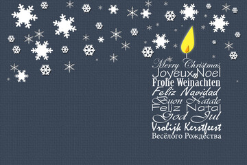Merry Christmas business card. Christmas wishes in European languages English, French, German, Portuguese, Italian, Spanish, Swedish, Dutch, Russian on blue background with snowflakes. 3D illustration