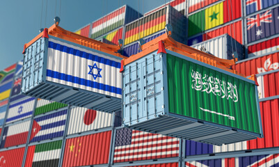 Freight containers with Israel and Saudi Arabia flag. 3D Rendering 