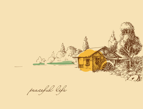 Countryside peaceful life hand drawing. Old small house, a watermill idyllic landscape