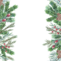 Fototapeta na wymiar Watercolor frame with branches holly, spruce and cone. Christmas winter border. Hand drawn illustration