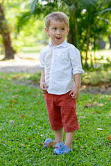 Young adorable little boy with blond hair at the park outdoors