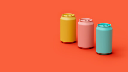 Set of three multi-colored classic aluminum beverage cans on a red background in the studio, web banner or template, 3d rendering