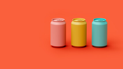 Set of three multi-colored classic aluminum beverage cans on a red background in the studio, web banner or template, 3d rendering