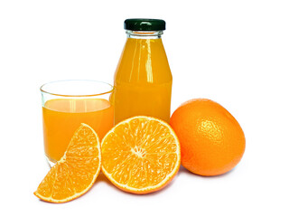 Fresh orange juice in glass and bottle glass, isolated on white background.