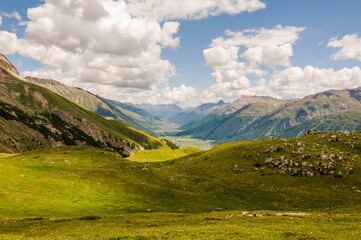 Fototapeta premium Corviglia, Samedan, Dorf, Oberengadin, Inn, Fluss, Inntal, Wanderweg, Wanderer, Graubünden, Alpen, Sommer, Schweiz
