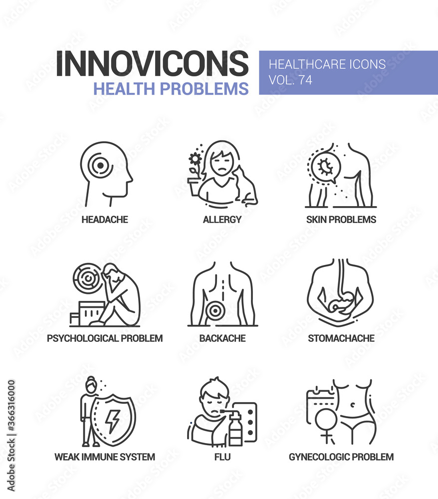 Poster health problems line design style icons set