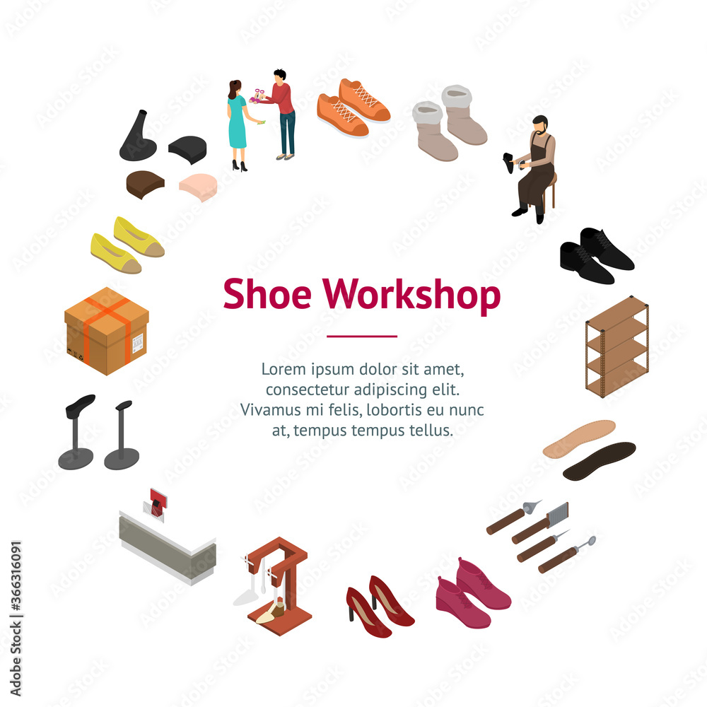 Sticker Shoe Work Shop Concept 3d Isometric View. Vector