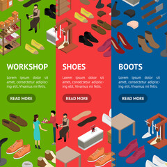 Naklejka premium Shoe Work Shop Concept Banner Vecrtical Set 3d Isometric View. Vector