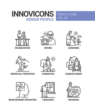 Senior People Line Design Style Icons Set