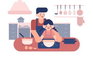 Father with daughter in aprons kneading bread dough on the table.Happy loving family are preparing bakery together in kitchen.Homemade food. Illustration about The new normal of activity cooking.