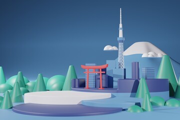 3d rendering illustration stage display with background of tokyo city and Fuji mountain in blue tone color