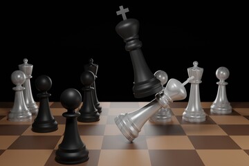 POV to the chess board game figure in competition success play. strategy, management or leadership concept in 3d rendering illustration