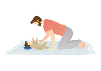 cute man cuddling with his son on the carpet. daddy and baby cuddling, healthy baby, newborn, happy family, and happy motherhood. flat vector illustration