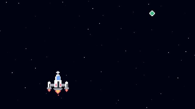 Retro Space Arcade. Video Game Animation Concept. Pixel Art. Spaceship collects coins in open space. Cartoon Motion Design. 4K video.