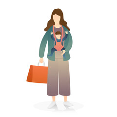 cute mom with child in baby sling while holding a shopping bag. healthy baby, newborn, happy family, and happy motherhood. flat vector illustration