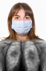 A young girl wearing a protection mask with X-ray of girl's diseased lungs