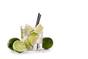 Caipiroska cocktail with lime isolated on white background. Copy space