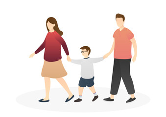 mom and dad walking while holding their kid hands. nurturing, care, good parenting, good nurturing, care, bonding, trust and support between parents and children. flat vector illustration