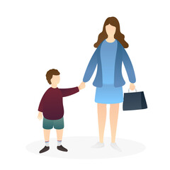 mom walking while holding her kid hands. nurturing, care, good parenting, good nurturing, care, bonding, trust and support between parents and children. flat vector illustration