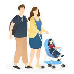 cute couple walk around pushing a baby stroller. outdoor family scenes, good parenting, good nurturing, bonding, trust and support between parents and children. flat vector illustration