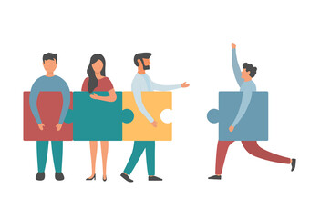 Business concept. Team people connecting puzzle elements. Vector illustration flat design style. Symbol of teamwork, cooperation, partnership. Illustration about business and finance