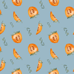Cute kawaii seamless square pattern with persimmon fruits. Textured digital art on a blue background. Print for wrapping paper, banner, fabric, textile, kitchen, postcard, invitation, advertisement.