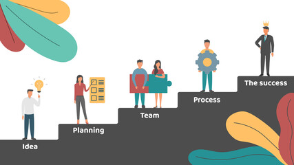 Vector illustration. Business concepts. Teamwork elements. Applying ideas. Planning. Teamwork. Success process.