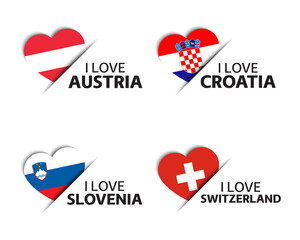 Set of four Austrian, Croatian, Slovenian and Swiss heart shaped stickers. I love Austria, Croatia, Slovenia and Switzerland. Made in Austria, Made in Switzerland. Simple icons with flags