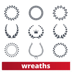 Obraz premium Laurel wreaths set. Vector collection of circular floral ornamental design elements. Award, winner heraldic signs. Clip art isolated on white background.