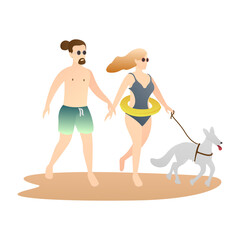 romantic couple running at the beach with their dog. outdoor activity romantic couple scenes. romantic couple relationship in flat vector illustration.