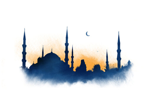 Hagia Sophia, Istanbul, Turkey. Watercolor sketch. Bright orange sunset.