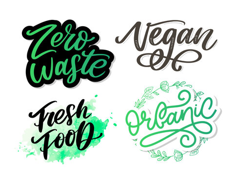Vector illustration, food design. Hand lettering for restaurant, cafe menu, farm and shop. Elements for labels, logos, badges, stickers or icons. Calligraphic and typographic collection. Fresh food
