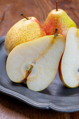 Fresh ripe red yellow forelle pears fruit from Germany