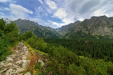 Fototapeta na wymiar Path to mountains paved with stones, panoramic view of High Tatra mountains near Poprad lake, Slovakia. Summer sunny day, blue sky with clouds. Green pines and spruce trees.