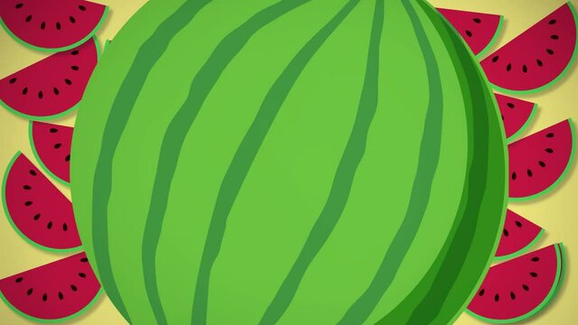 Watermelons movement 2D generated animated isometric pattern on yellow background 4k,  Health Food Intro video.