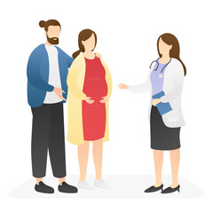 standing couple consultation with a doctor doing. visiting physician. childbirth anticipation, reproductive health, happy and healthy pregnancy. flat vector illustration